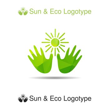 Bio logo, icon and ecology symbol: the sun in our hands, Sun protection