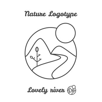 Vector icon, logo of sunset in village, sun, tree and river among mountains