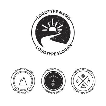 Vector set of ecology logotypes, icon and nature symbol: sun, river (water) in circle, mountains, hire, water