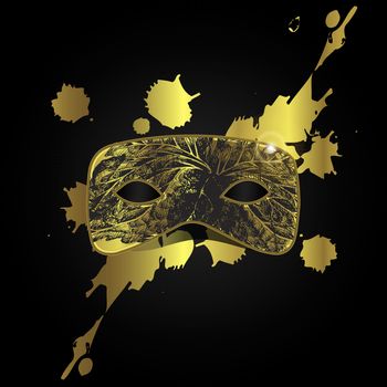 Vector magic gold mask with black pattern on black background, golden splash