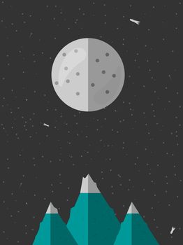 Night in mountains under moon in vector flat, eps