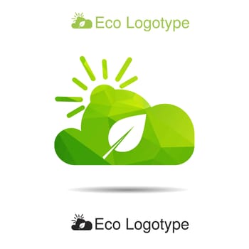Vector ecology logo or icon in eps, nature logotype, air symbol with sun, cloud and leaf, good cloud