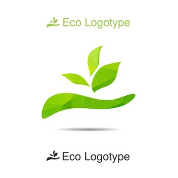 Vector ecology logo or icon in eps, nature logotype, leaf in our hands