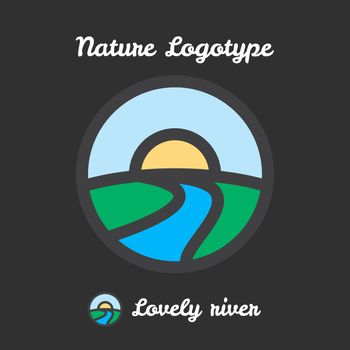 Vector icon, logo of sunset in village, sun and river among hills