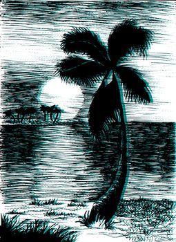 Vector tropical summer illustration with palm tree and islands