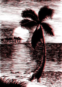 Vector tropical summer illustration with palm tree and islands