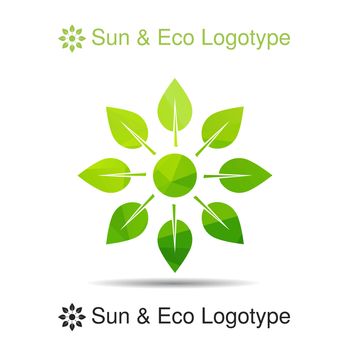 Ecology logotype, icon and nature symbol: sun from leafes