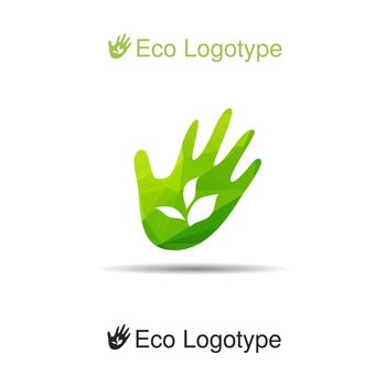Vector ecology logo or icon in eps, nature logotype, leafes in our hands
