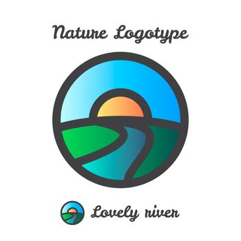 Vector icon, logo of sunset in village, sun and river among hills