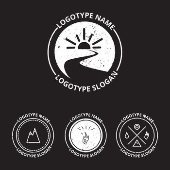 Vector set of ecology logotypes, icon and nature symbol: sun, river (water) in circle, mountains, hire, water