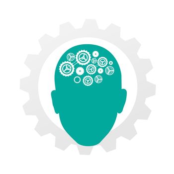 Cog and wheel against silhouette of head