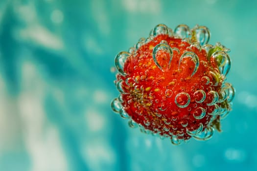 strawberry in a glass of water on a blue background with bubbles