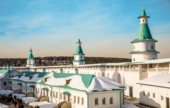 Inner yard of New Jerusalem Monastery with fortified walls and towers, Istra, Moscow region, Russia