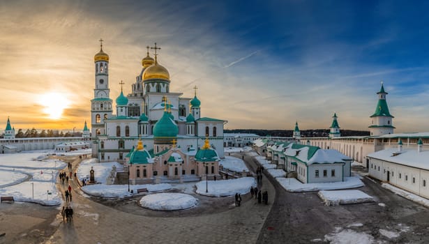 Voskresensky cathedral golden domes in a sunset light, Resurrection or New Jerusalem Monastery, Istra, Moscow region