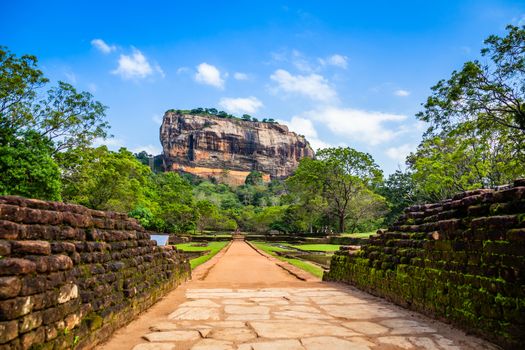 Sigiriya or Lion rock - ancient rock fortress with brick wall in the foreground, Dambulla, Central Province ,Sri Lanka