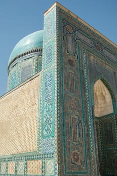 The arch and the exterior design of the ancient Registan in Samarkand. Ancient architecture of Central Asia