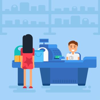 Store with customer and cashier near cash desk. Store or market retail interior. Shopping concept illustration. People are paying purchase. Vector
