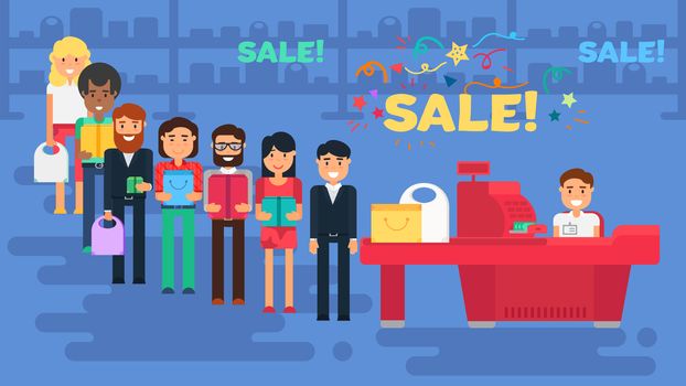 Store with customers crowd and cashier near cash desk. Store or market retail interior. Shopping concept illustration. People are paying purchase. Sale banner. Vector