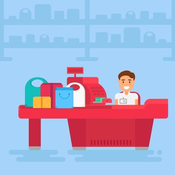 Store with cashier near cash desk. Store or market retail interior. Shopping concept illustration. Vector