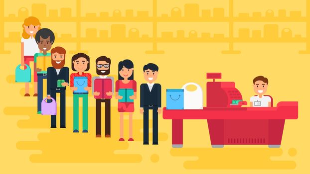 Store with customers crowd and cashier near cash desk. Store or market retail interior. Shopping concept illustration. People are paying purchase. Vector