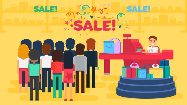 Store with customers crowd and cashier near cash desk. Store or market retail interior. Shopping concept illustration. People are paying purchase. Sale banner. Vector
