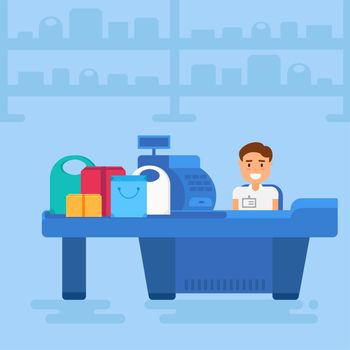 Store with cashier near cash desk. Store or market retail interior. Shopping concept illustration. Vector