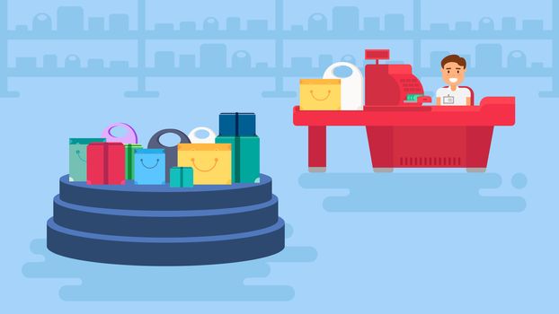 Store with sale showcase and cashier near cash desk. Store or market retail interior. Shopping concept illustration. Storefront podium banner. Vector