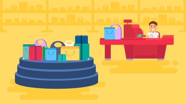 Store with sale showcase and cashier near cash desk. Store or market retail interior. Shopping concept illustration. Storefront podium banner. Vector