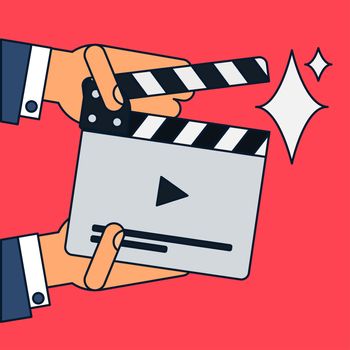 Flat movie clapperboard symbol in hands. Stylish blank movie clapperboard elements. Vector