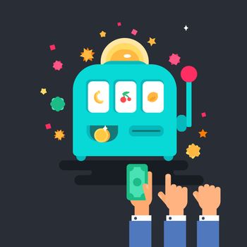 Casino design items. Gambling machine with money. One armed bandit. Variations of hands. Vector