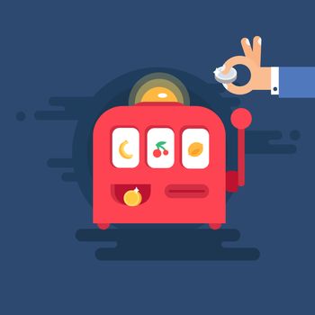 Casino design items. Gambling machine with money. One armed bandit. Variations of hands. Vector