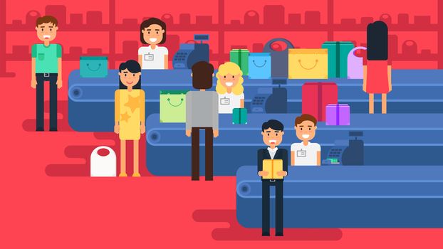 Store with customers crowd and cashier near cash desk. Store or market retail interior. Shopping concept illustration. People are paying purchase. Vector