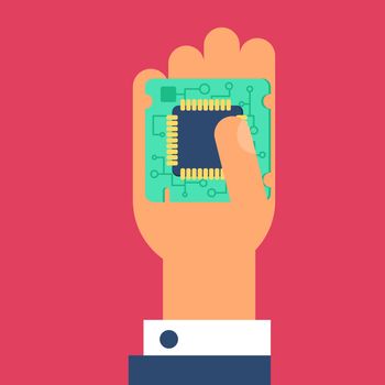 Computer Processor Chip in hand. Symbol of programmer hard work, system administrator activities, scientific innovation, technical advancements and robotics. High tech microprocessor. Vector