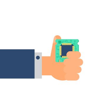 Computer Processor Chip in hand. Symbol of programmer hard work, system administrator activities, scientific innovation, technical advancements and robotics. High tech microprocessor. Vector