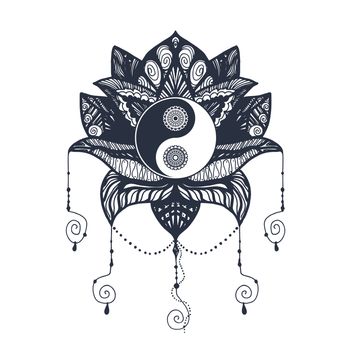 Vintage Yin and Yang in Mandala Lotus. Tao symbol for print, tattoo, coloring book,fabric, t-shirt, yoga, henna, cloth in boho style. Mehndi, occult and tribal, esoteric and alchemy sign. Vector