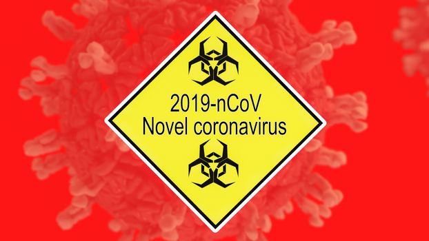 Yellow danger sign with biohazard logo before blurred virus cell depiction for Wuhan Novel virus potential spread.