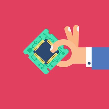 Computer Processor Chip in hand. Symbol of programmer hard work, system administrator activities, scientific innovation, technical advancements and robotics. High tech microprocessor. Vector