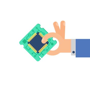 Computer Processor Chip in hand. Symbol of programmer hard work, system administrator activities, scientific innovation, technical advancements and robotics. High tech microprocessor. Vector