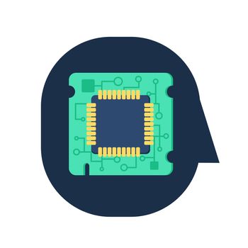 Computer Processor Chip in human head. Symbol of programmer hard work, system administrator activities, scientific innovation, technical advancements and robotics. Brain activities. Vector