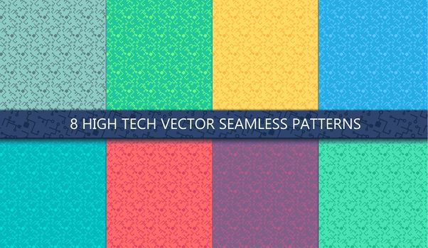 Computer Processor Chip Seamless Patterns Set for print, cloth, fabric and wrap. High tech wallpaper and background. Computer ornament. Innovation backdrop. Vector