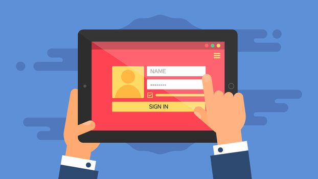 Web Template and Elements for site form of login to account on tablet. Vector