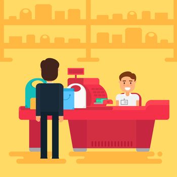 Store with customer and cashier near cash desk. Store or market retail interior. Shopping concept illustration. People are paying purchase. Vector