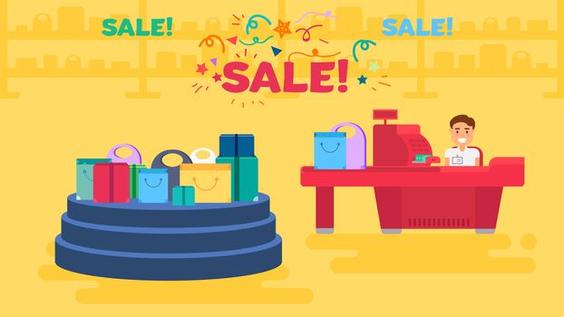 Store with sale showcase and cashier near cash desk. Store or market retail interior. Shopping concept illustration. Storefront podium banner. Vector