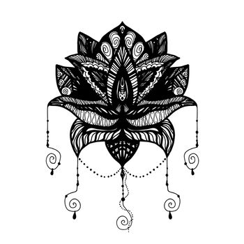 Flower Lotus. Magic symbol for print, tattoo, coloring book,fabric, t-shirt, cloth in boho style. Tribal lotus design. Vector