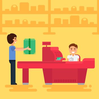 Store with customer and cashier near cash desk. Store or market retail interior. Shopping concept illustration. People are paying purchase. Vector