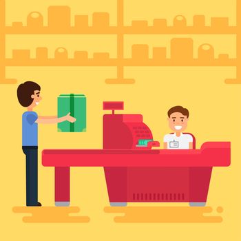 Store with customer and cashier near cash desk. Store or market retail interior. Shopping concept illustration. People are paying purchase. Vector