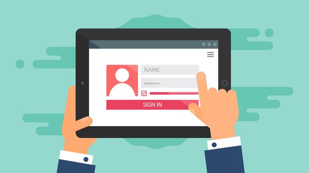 Web Template and Elements for site form of login to account on tablet. Vector