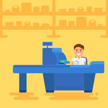Store with cashier near cash desk. Store or market retail interior. Shopping concept illustration. Vector