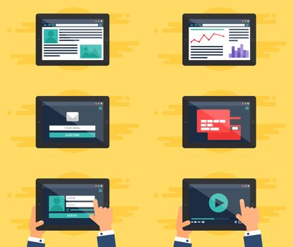 Web Template for site forms of email subscribe, login to account, watching video, online shopping, blog and infographics on tablet. Vector