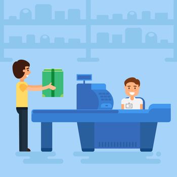 Store with customer and cashier near cash desk. Store or market retail interior. Shopping concept illustration. People are paying purchase. Vector